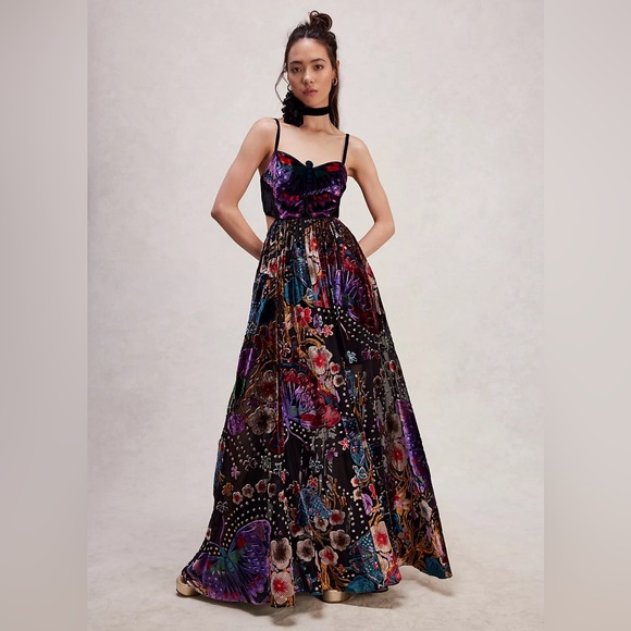 Free People Dresses & Skirts - Free People Black Velvet Maxi Dress with Multicolor Floral & Butterfly Print